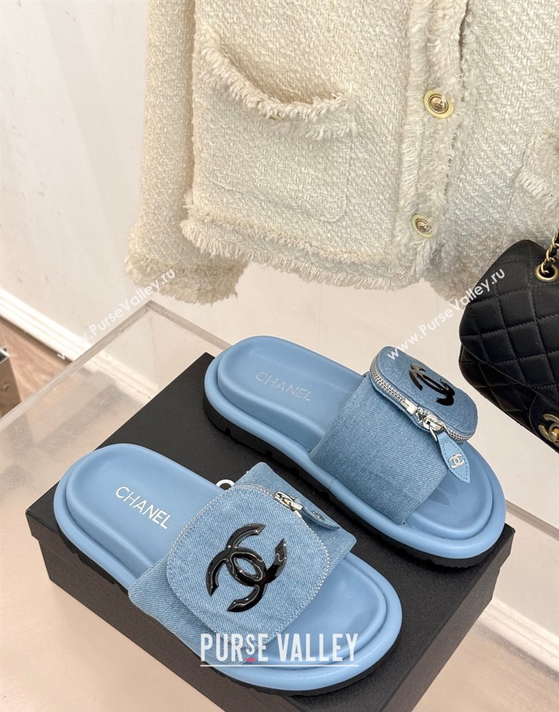 Chanel Denim Pillow Slides Sandal with Zip Pouch Light Blue 2025 CH041614 (MD-250416097)