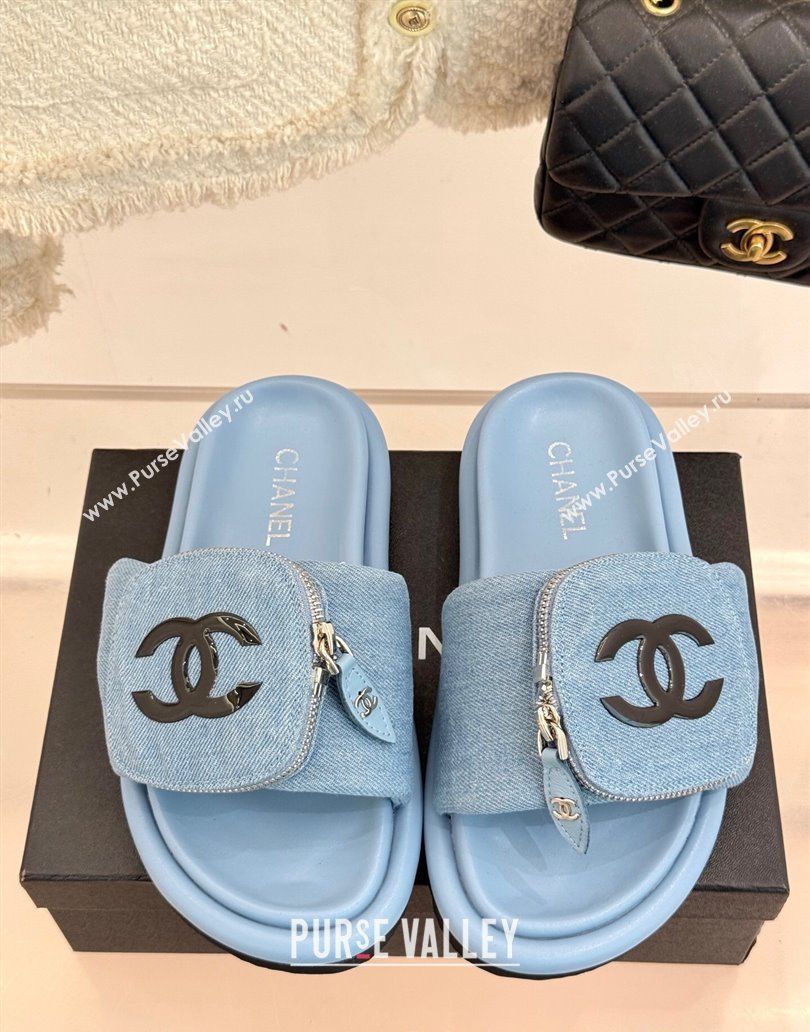 Chanel Denim Pillow Slides Sandal with Zip Pouch Light Blue 2025 CH041614 (MD-250416097)
