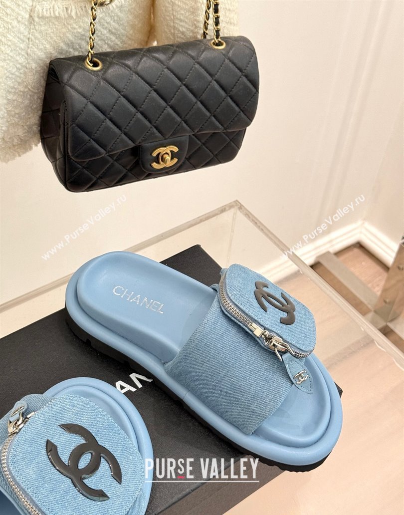 Chanel Denim Pillow Slides Sandal with Zip Pouch Light Blue 2025 CH041614 (MD-250416097)