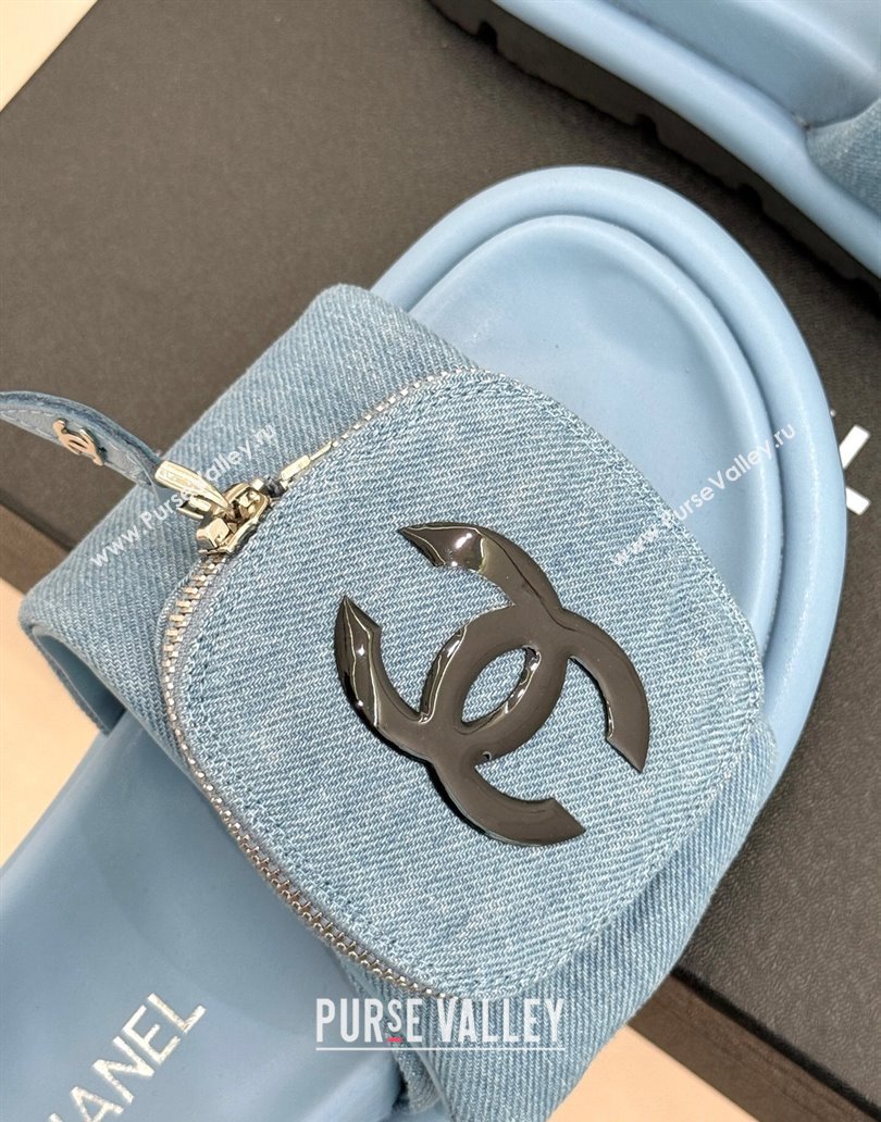 Chanel Denim Pillow Slides Sandal with Zip Pouch Light Blue 2025 CH041614 (MD-250416097)