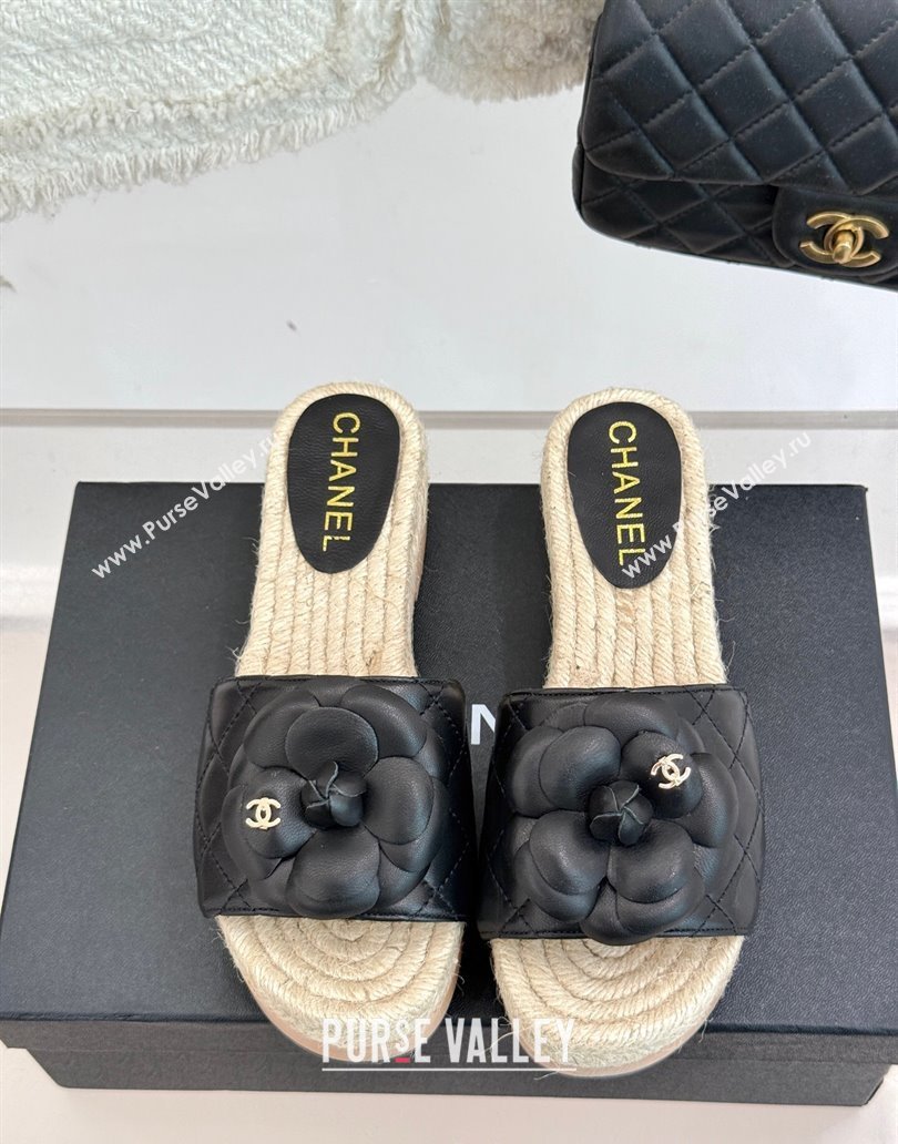 Chanel Calfskin Platform Slides Sandal 4cm with Camellia Black 2025 CH041608 (MD-250416058)