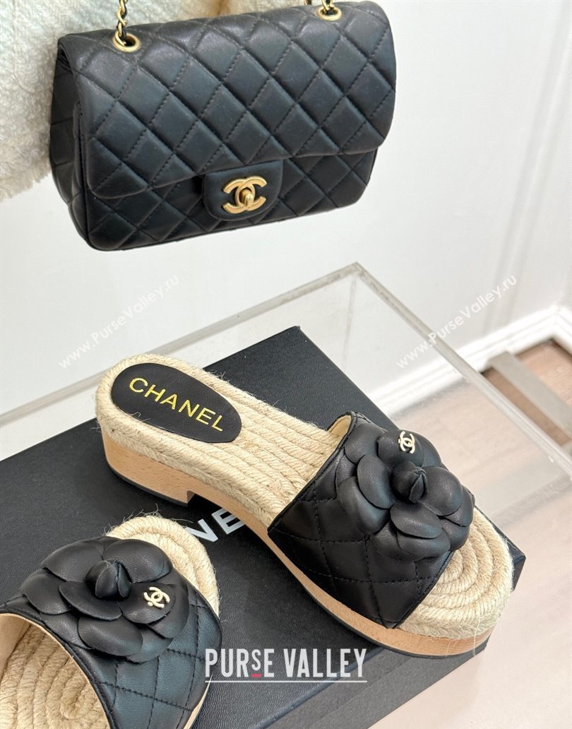 Chanel Calfskin Platform Slides Sandal 4cm with Camellia Black 2025 CH041608 (MD-250416058)