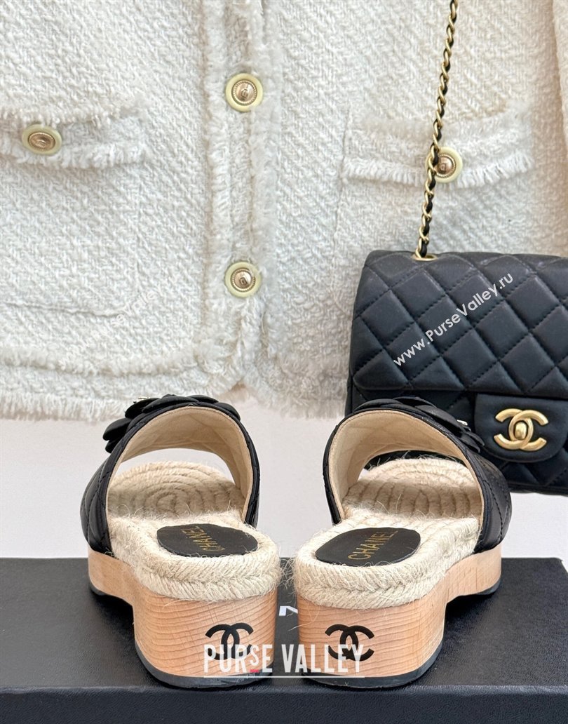 Chanel Calfskin Platform Slides Sandal 4cm with Camellia Black 2025 CH041608 (MD-250416058)