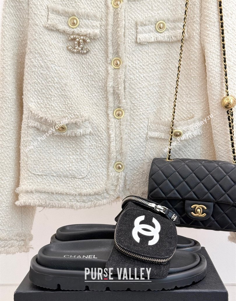 Chanel Canvas Pillow Slides Sandal with Zip Pouch Black 2025 CH041614 (MD-250416104)