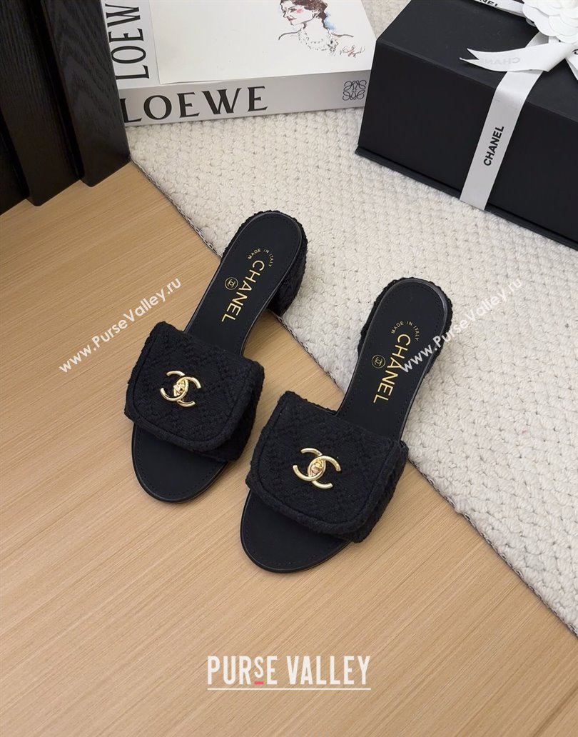 Chanel Knit Heel Slides Sandal 5cm with Foldover G45474 Black 2025 (MD-250415082)