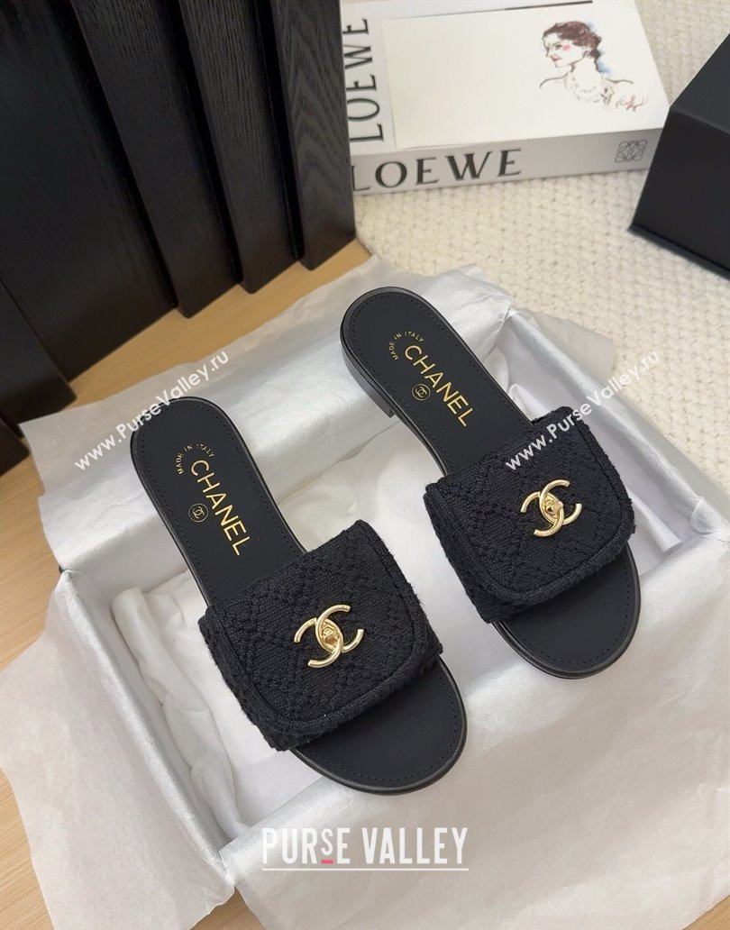 Chanel Knit Flat Slides Sandal with Foldover G45474 Black 2025 (MD-250415085)