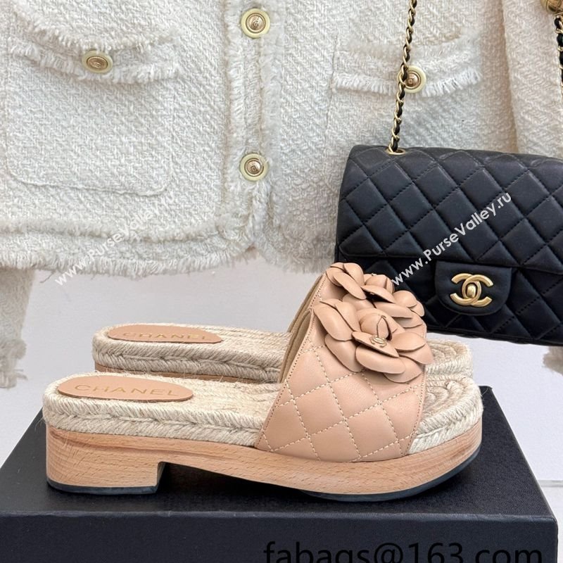 Chanel Calfskin Platform Slides Sandal 4cm with Camellia Beige 2025 CH041608 (MD-250416061)