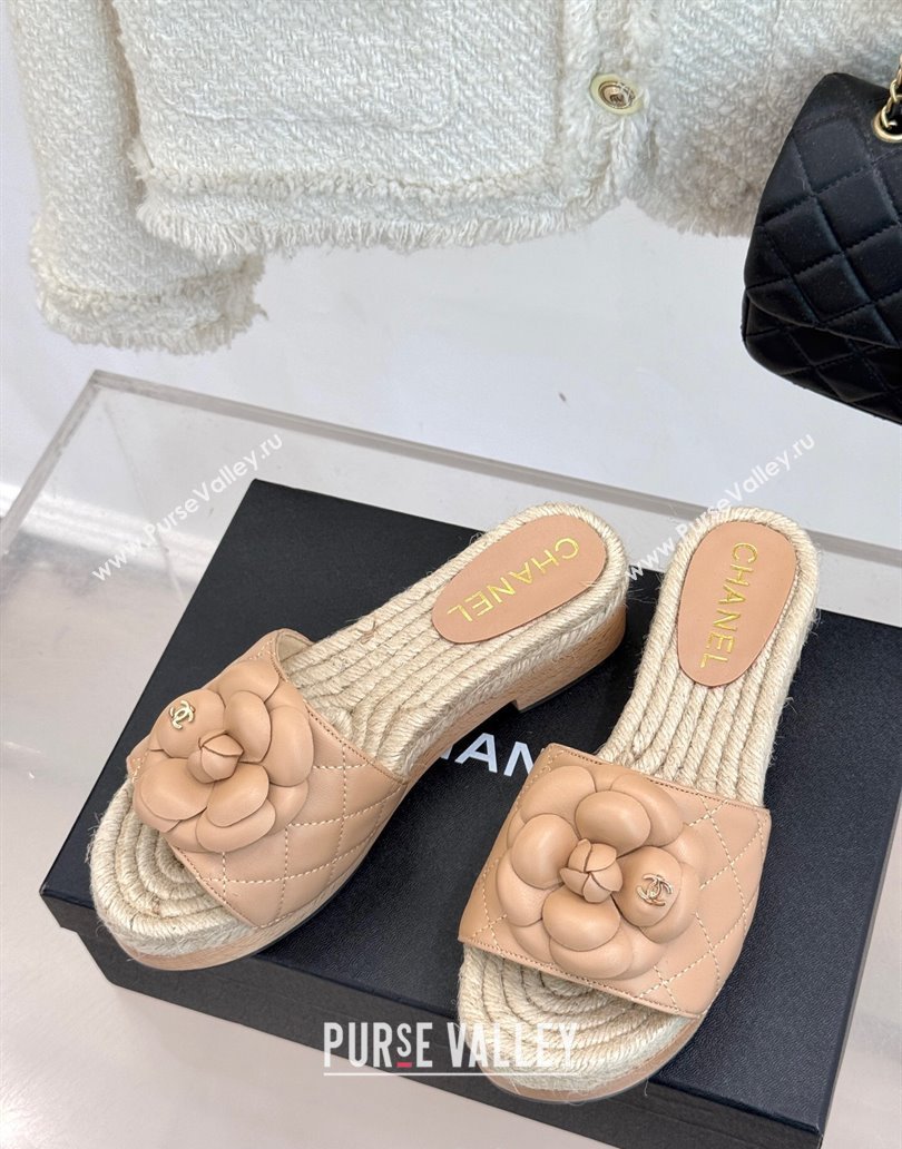 Chanel Calfskin Platform Slides Sandal 4cm with Camellia Beige 2025 CH041608 (MD-250416061)