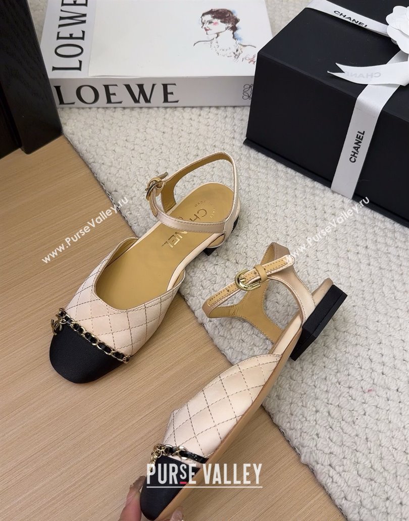 Chanel Quilted Fabric Grosgrain Flat Sandals with Chain Beige 2025 CH041617 (MD-250416115)