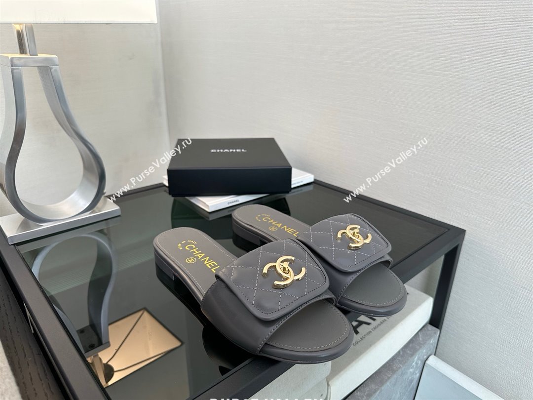 Chanel Quilted Lambskin Flat Slides Sandal with Foldover G45474 Grey/Gold 2025 (MD-250415090)
