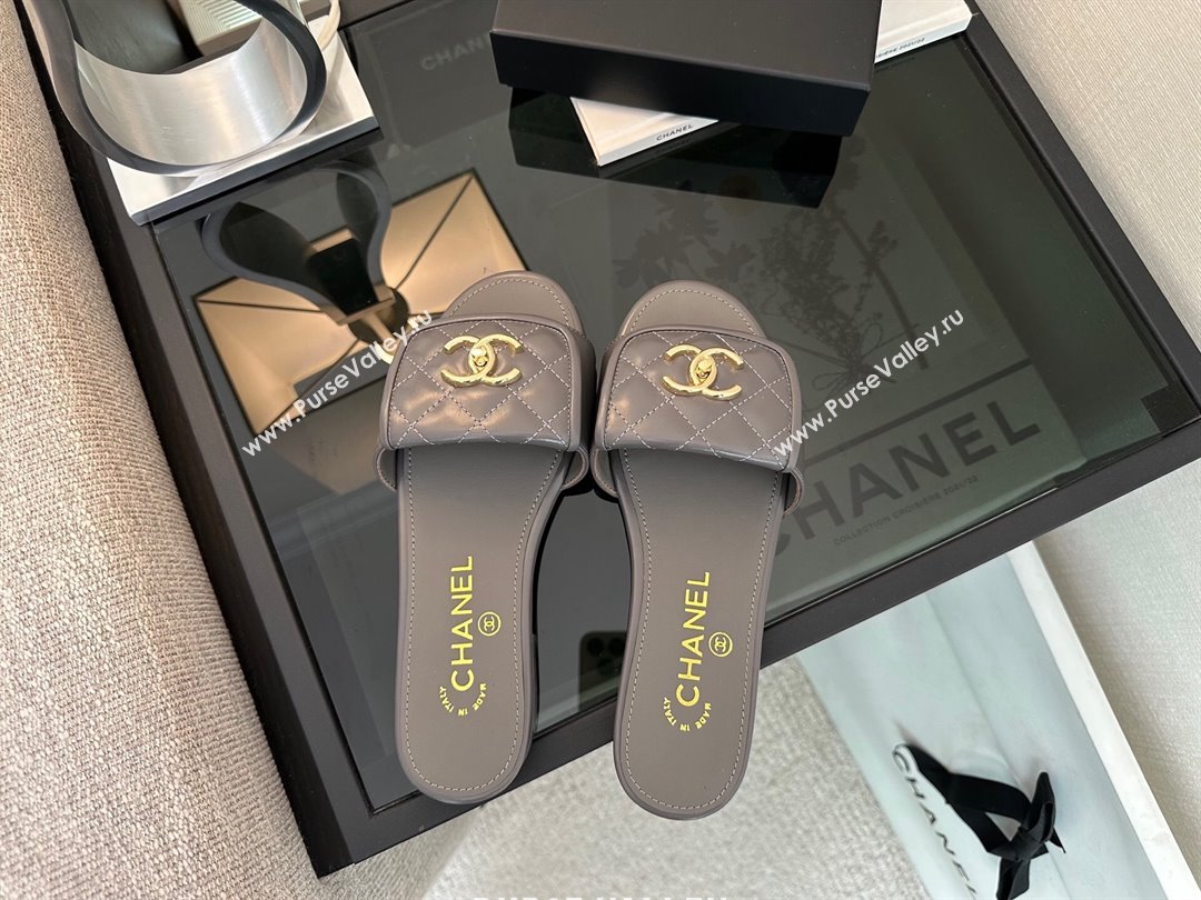 Chanel Quilted Lambskin Flat Slides Sandal with Foldover G45474 Grey/Gold 2025 (MD-250415090)