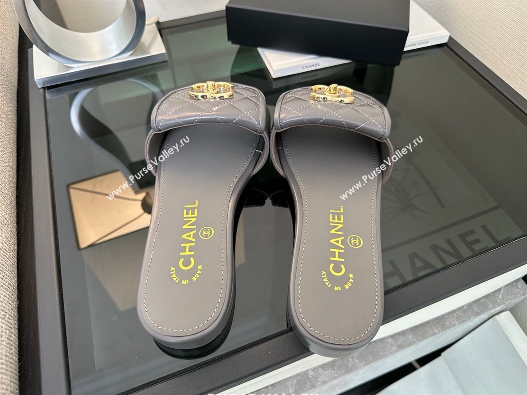 Chanel Quilted Lambskin Flat Slides Sandal with Foldover G45474 Grey/Gold 2025 (MD-250415090)