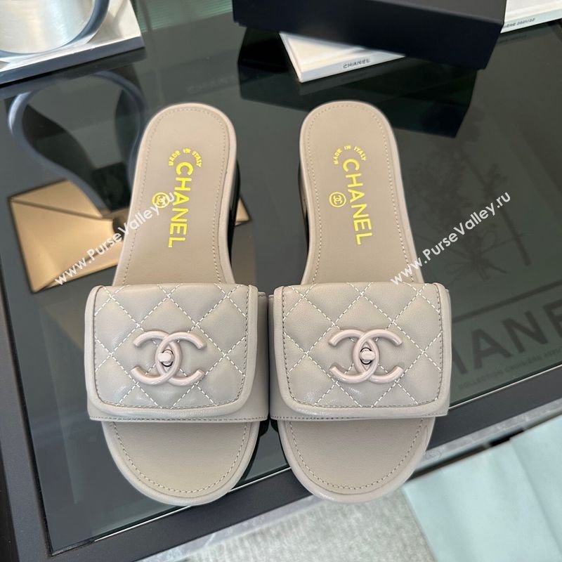 Chanel Quilted Lambskin Flat Slides Sandal with Foldover G45474 Grey Upper 2025 (MD-250415091)