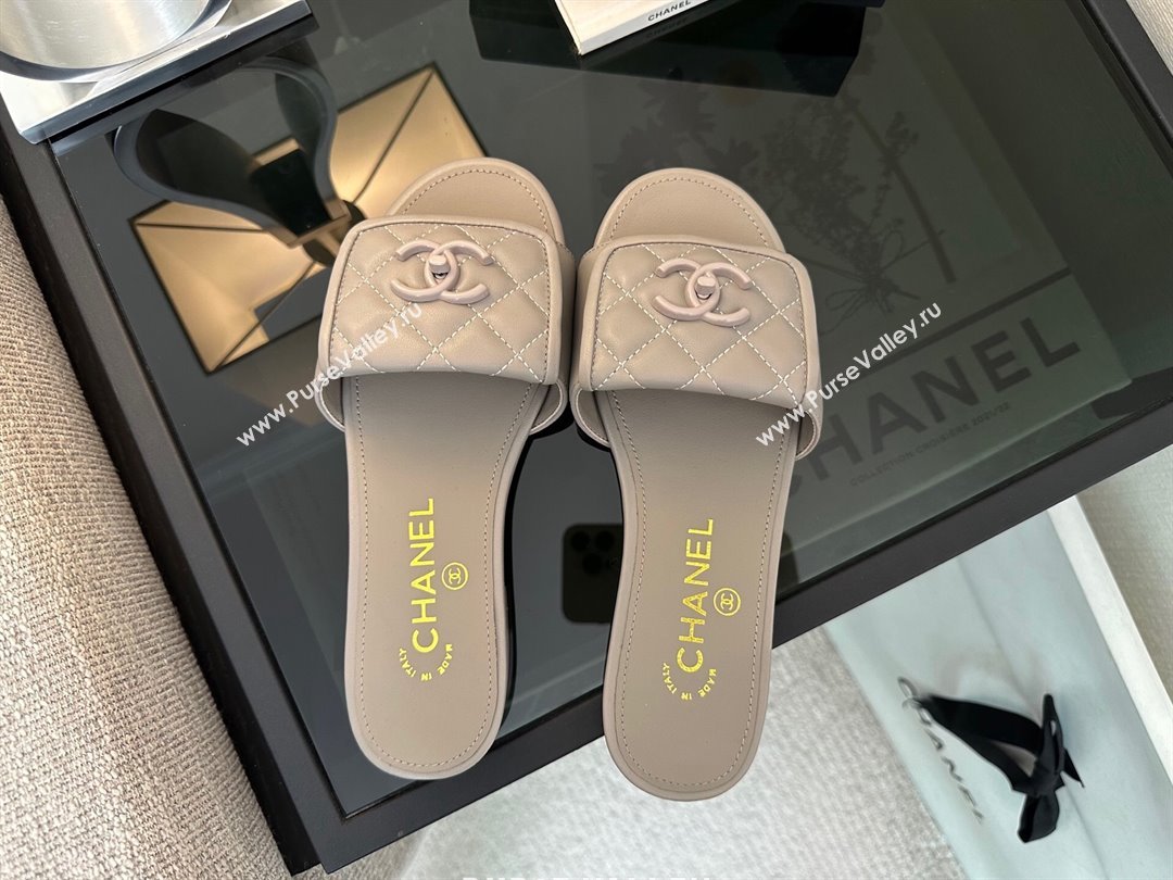 Chanel Quilted Lambskin Flat Slides Sandal with Foldover G45474 Grey Upper 2025 (MD-250415091)