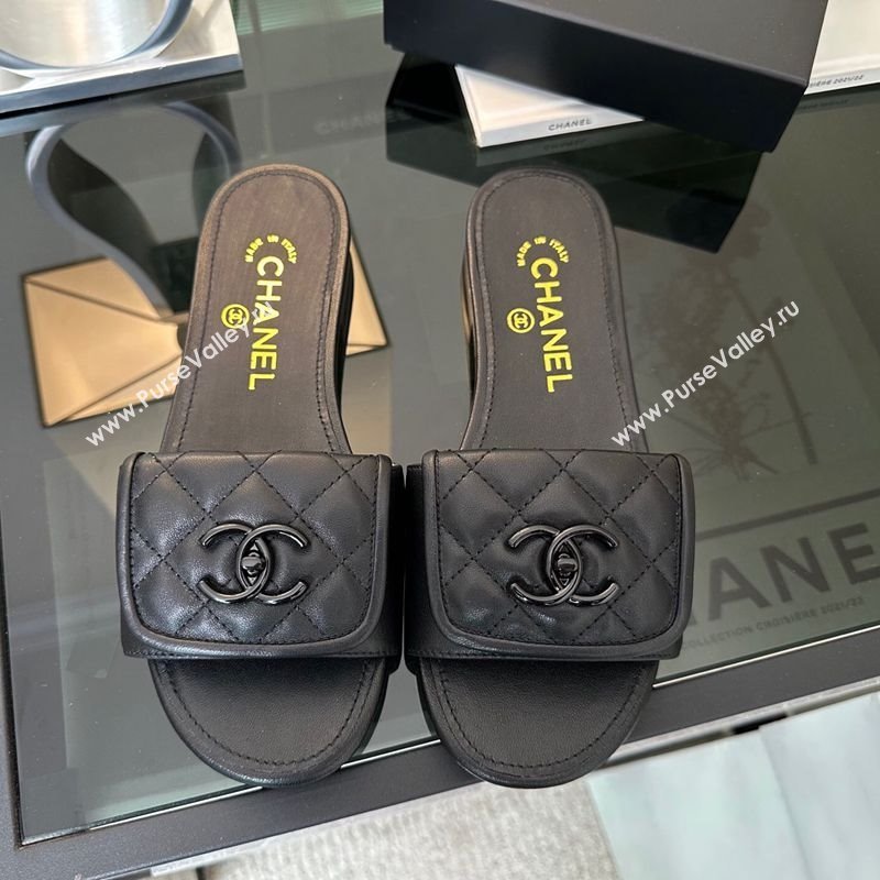 Chanel Quilted Lambskin Flat Slides Sandal with Foldover G45474 All Black 2025 (MD-250415092)