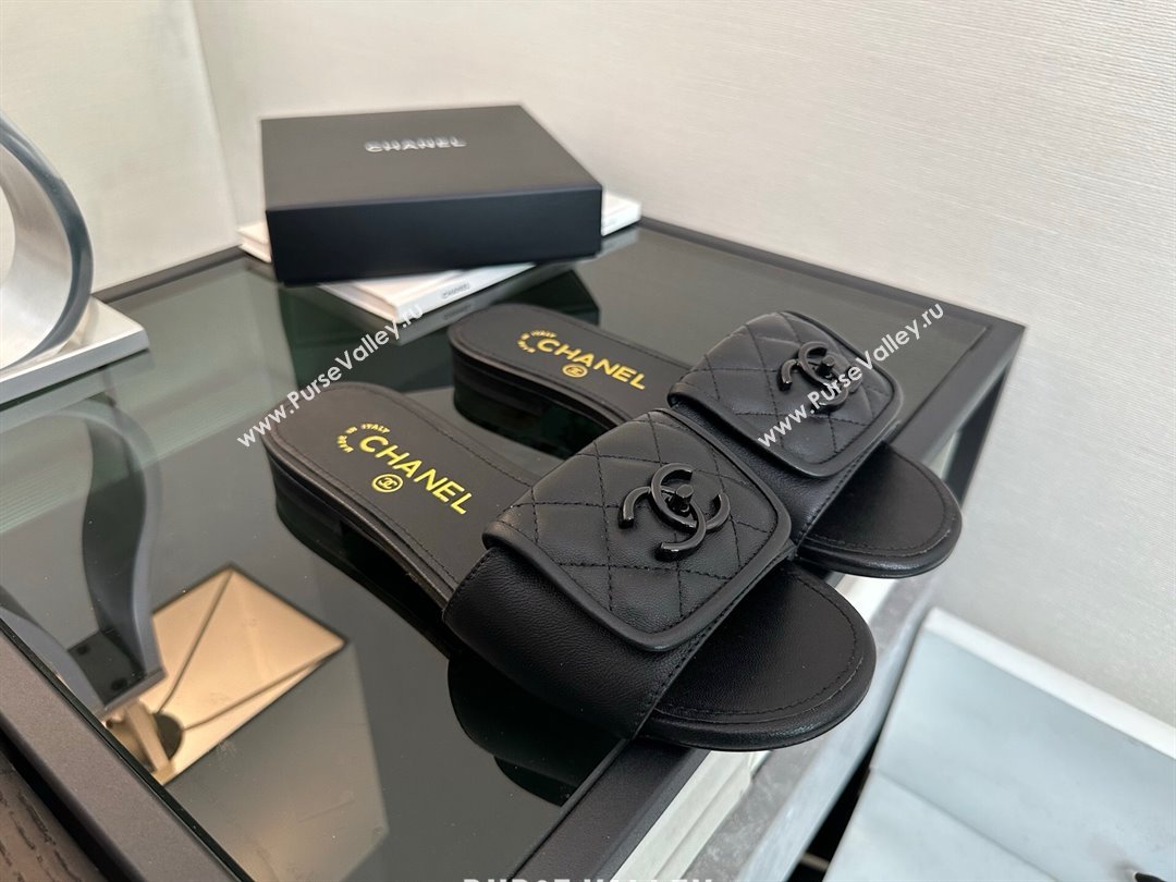 Chanel Quilted Lambskin Flat Slides Sandal with Foldover G45474 All Black 2025 (MD-250415092)