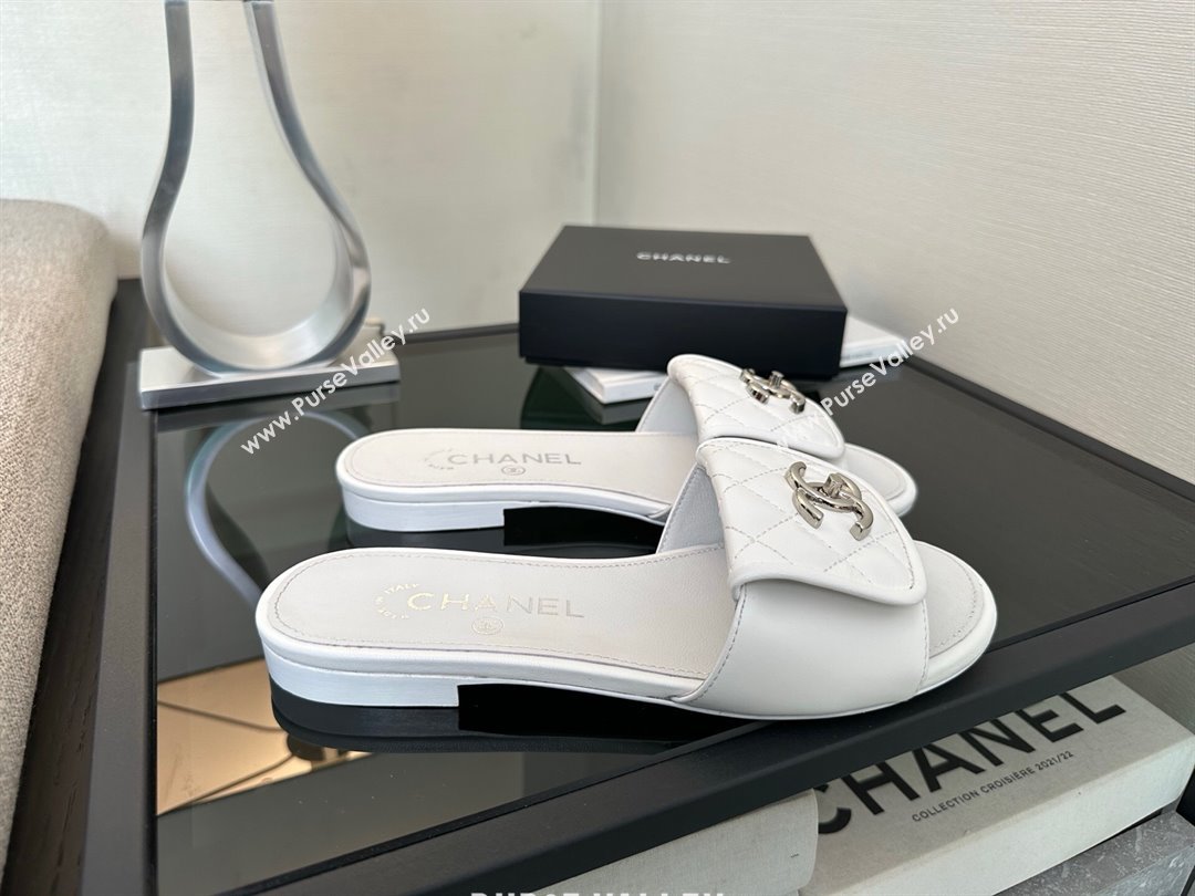 Chanel Quilted Lambskin Flat Slides Sandal with Foldover G45474 White/Silver 2025 (MD-250415088)