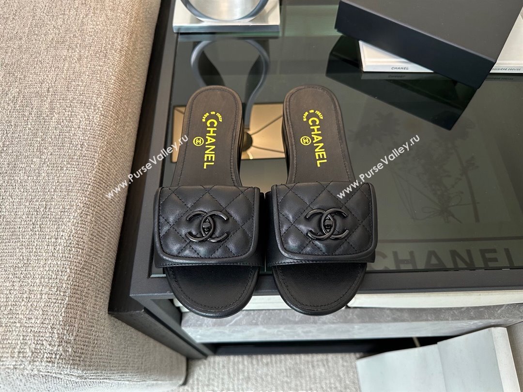 Chanel Quilted Lambskin Flat Slides Sandal with Foldover G45474 All Black 2025 (MD-250415092)