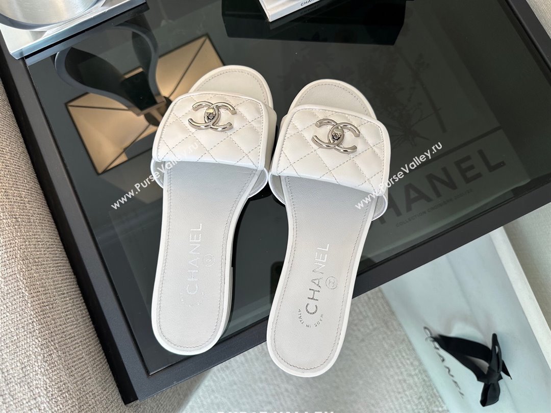 Chanel Quilted Lambskin Flat Slides Sandal with Foldover G45474 White/Silver 2025 (MD-250415088)