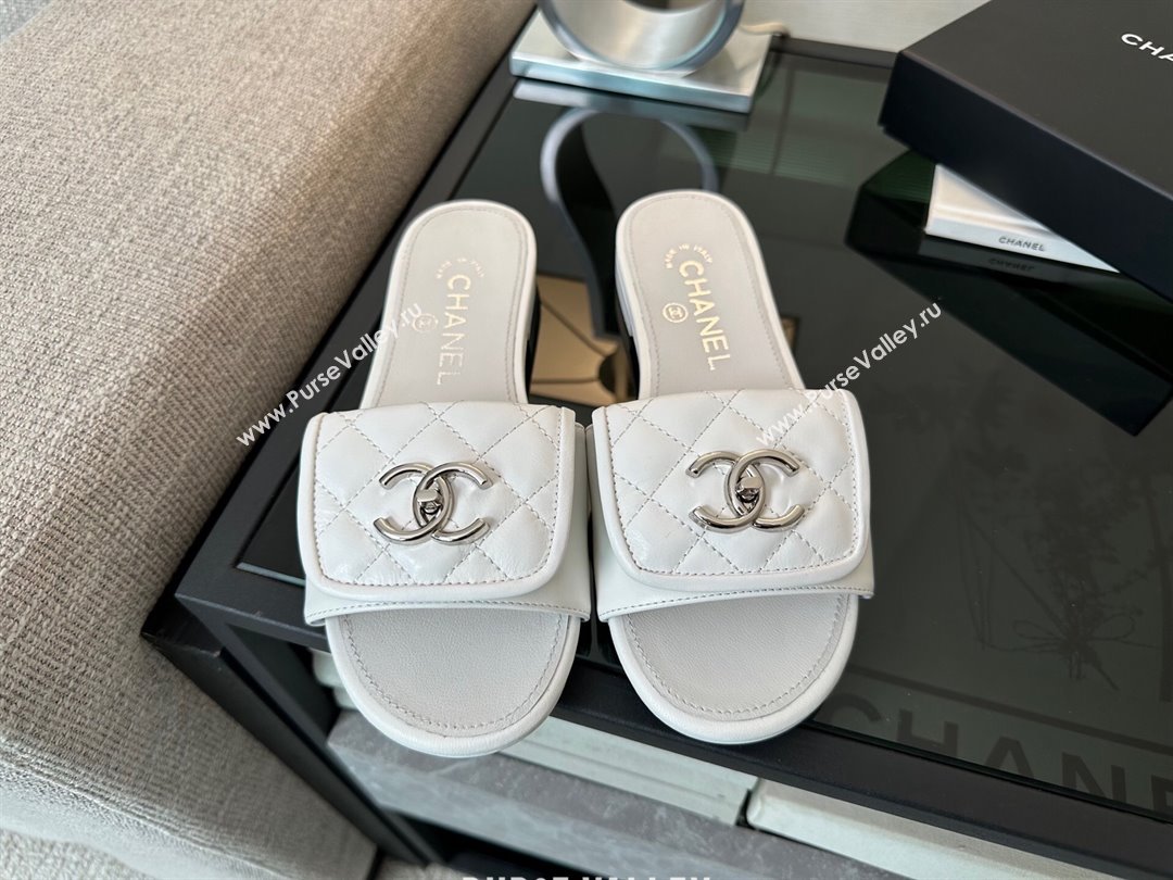 Chanel Quilted Lambskin Flat Slides Sandal with Foldover G45474 White/Silver 2025 (MD-250415088)