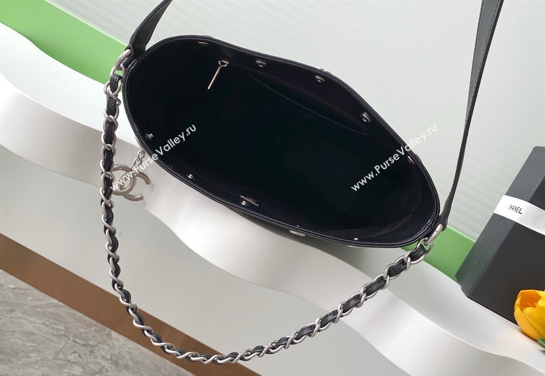 Chanel Large Bucket Bag in Shiny Lambskin AS5406 Black/Silver 2025 (yezi-250526093)