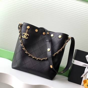 Chanel Large Bucket Bag in Shiny Lambskin AS5406 Black/Gold 2025 (yezi-250526092)
