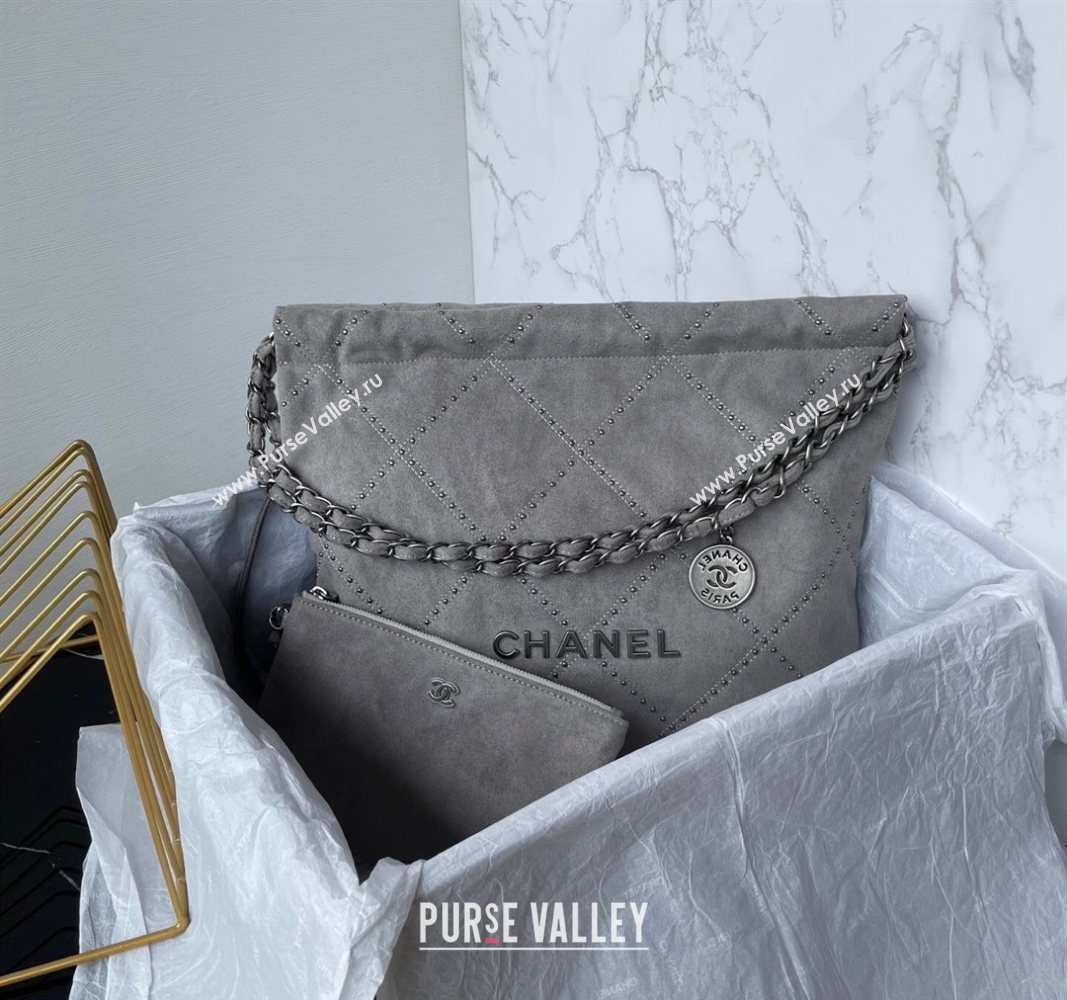 Chanel 22 Suede Small Shopping Bag with Studs AS3260 Grey 2025 (yezi-250526031)
