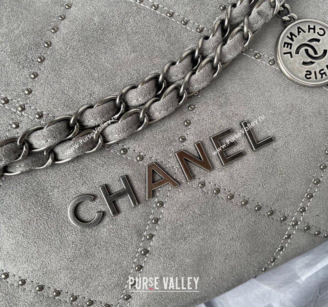 Chanel 22 Suede Small Shopping Bag with Studs AS3260 Grey 2025 (yezi-250526031)