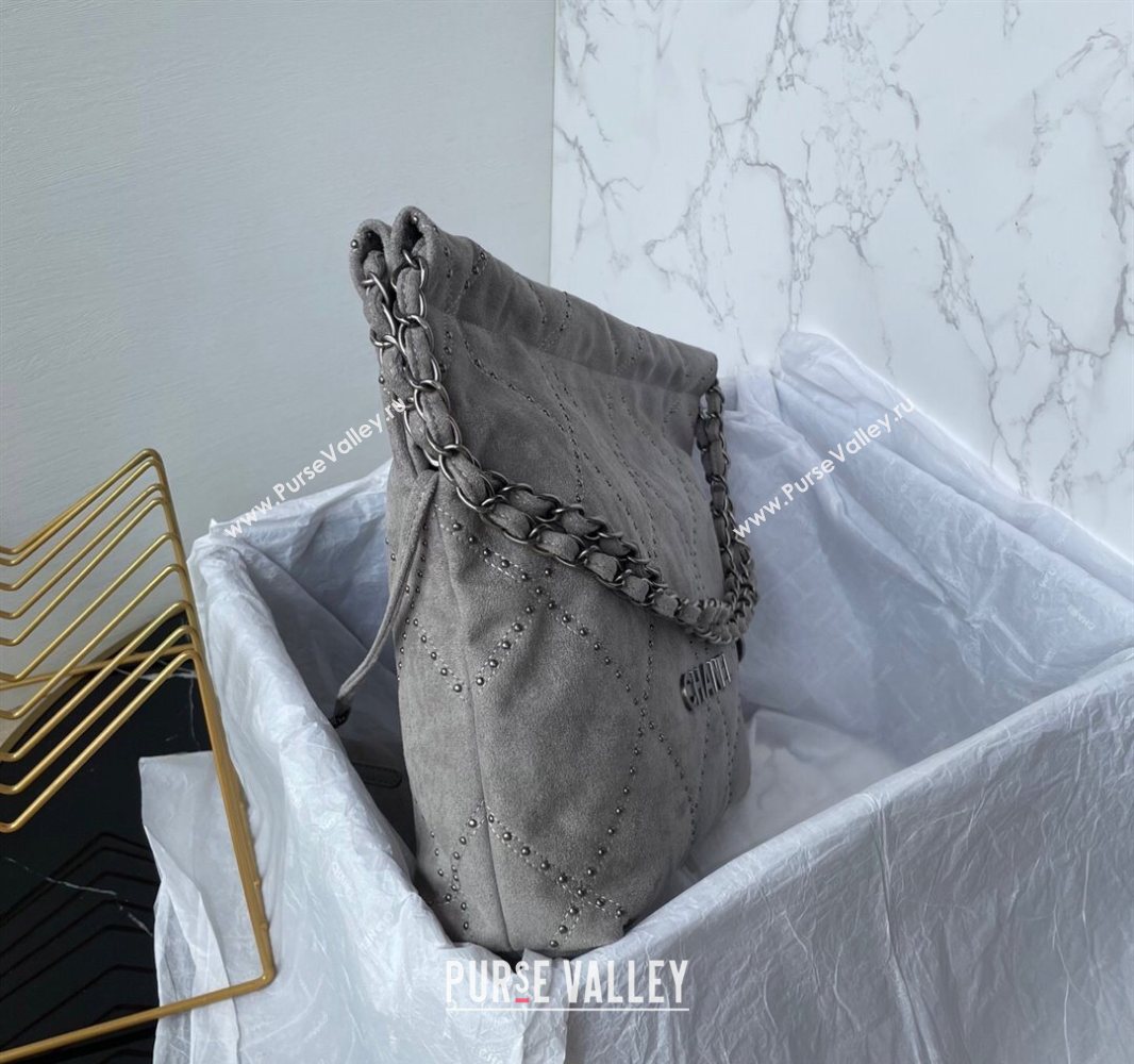 Chanel 22 Suede Small Shopping Bag with Studs AS3260 Grey 2025 (yezi-250526031)