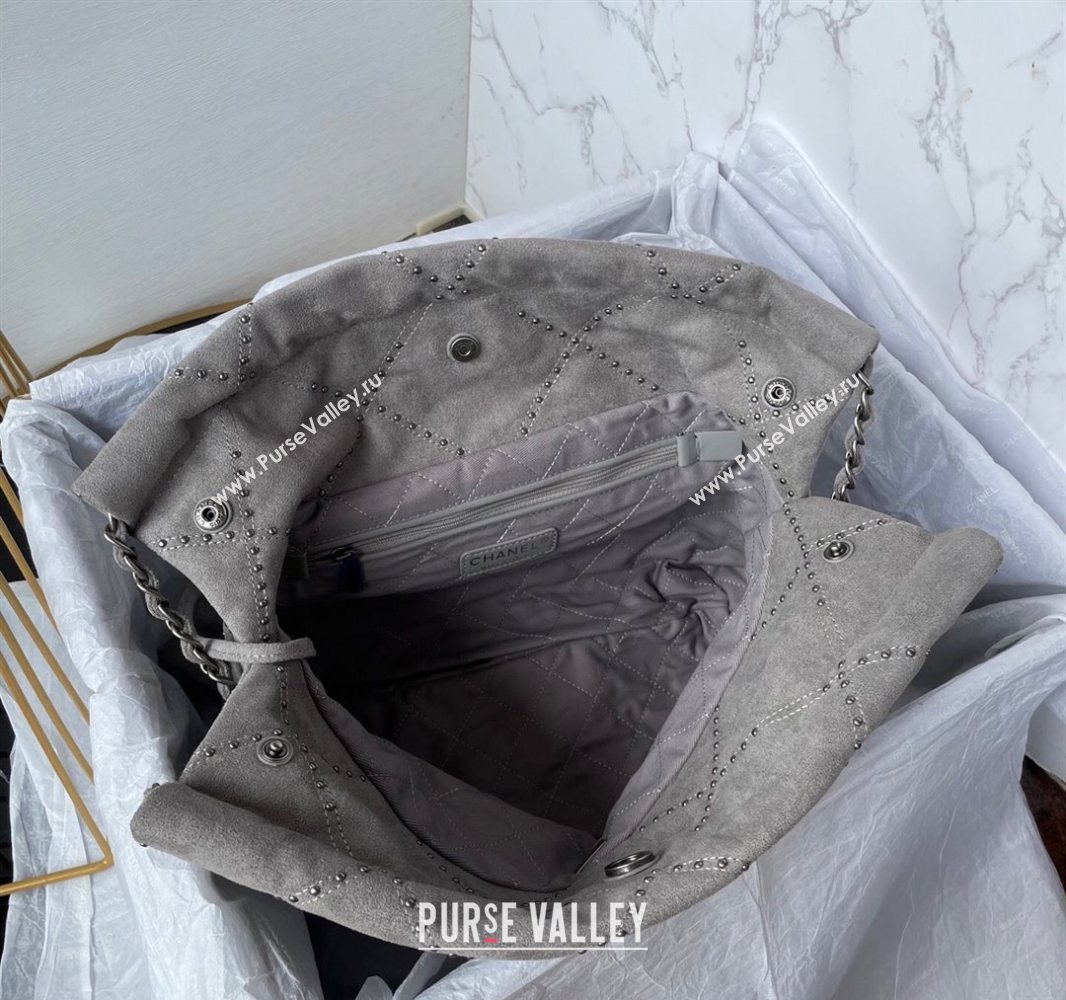 Chanel 22 Suede Small Shopping Bag with Studs AS3260 Grey 2025 (yezi-250526031)