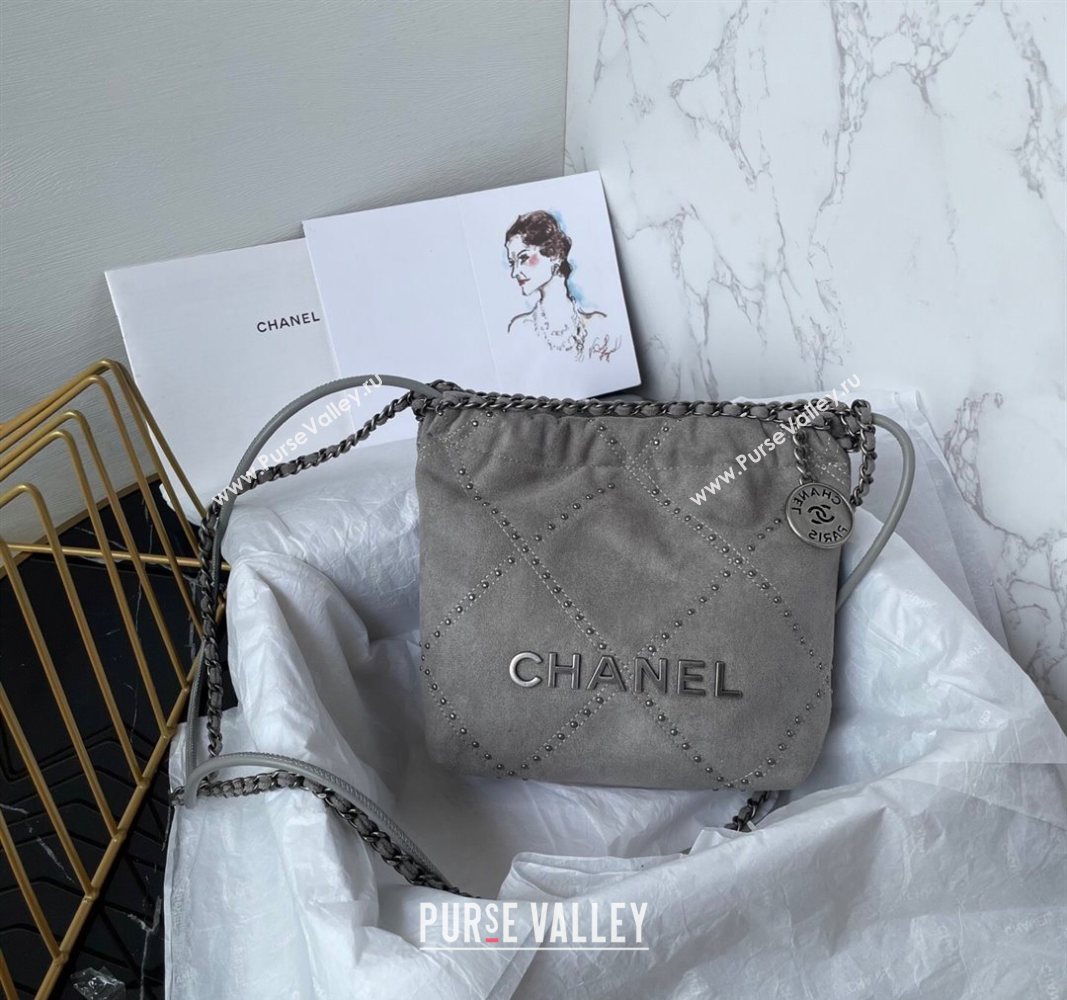 Chanel 22 Suede Mini Shopping Bag with Studs AS3980 Grey 2025 (yezi-250526033)