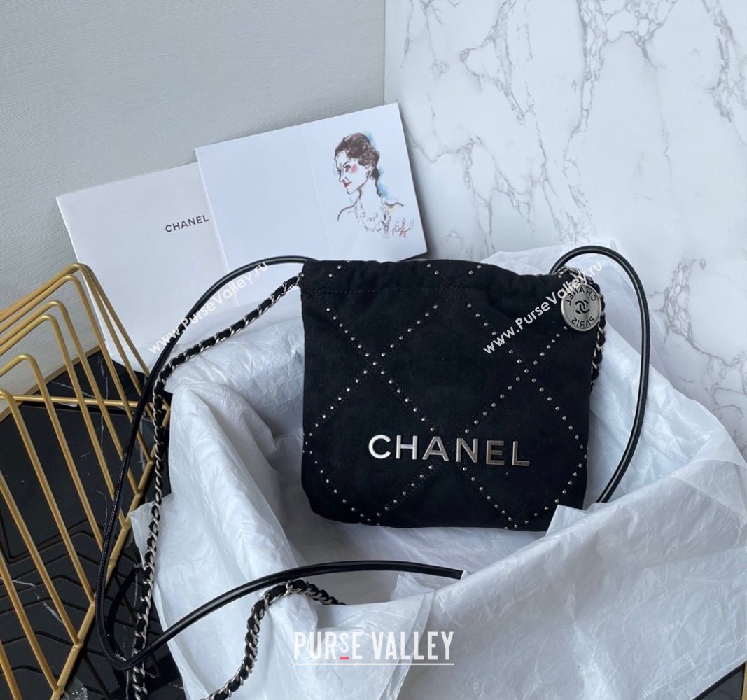 Chanel 22 Suede Mini Shopping Bag with Studs AS3980 Black 2025 (yezi-250526034)