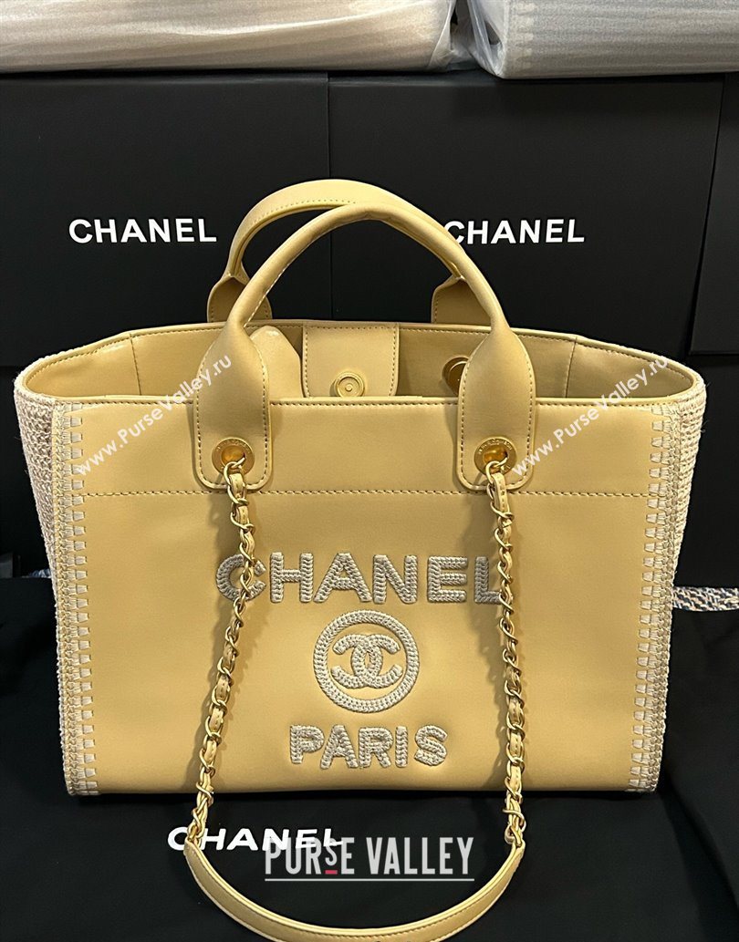 Chanel Deauville Calfskin Woven Straw-LikeLarge Shopping Bag Yellow 2025 0526 (yezi-250526066)