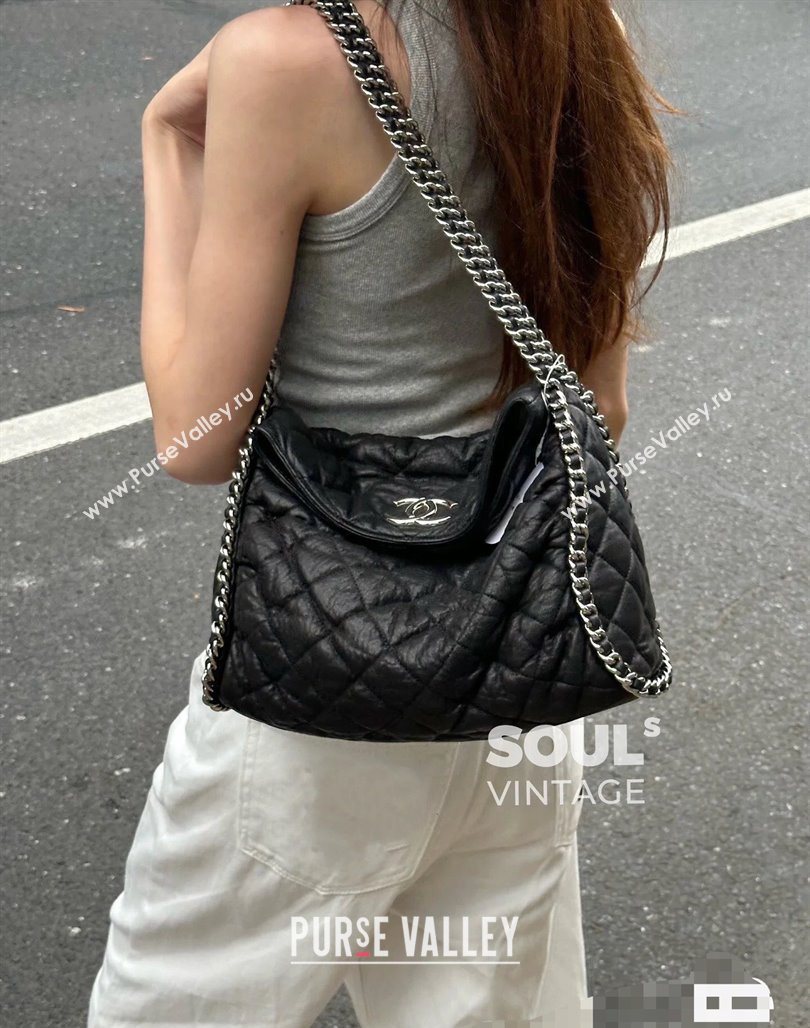 Chanel Crinkled Supple Calfskin Hobo Bag Black 2025 CH052672 (yezi-250526072)