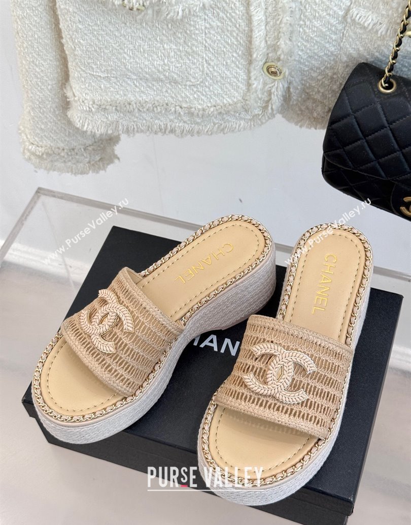 Chanel Crochet Wedge Slides Sandal with Chain Beige2 2025 CH061004 (MD-250610014)