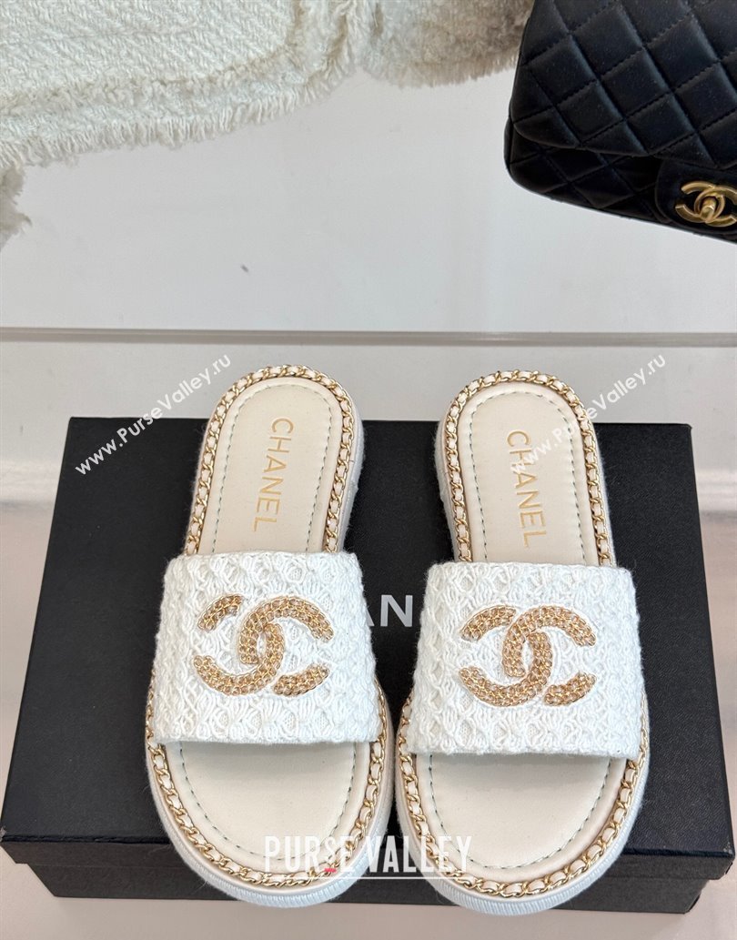 Chanel Knit Flat Slides Sandal with Chain White 2025 CH061001 (MD-250610004)