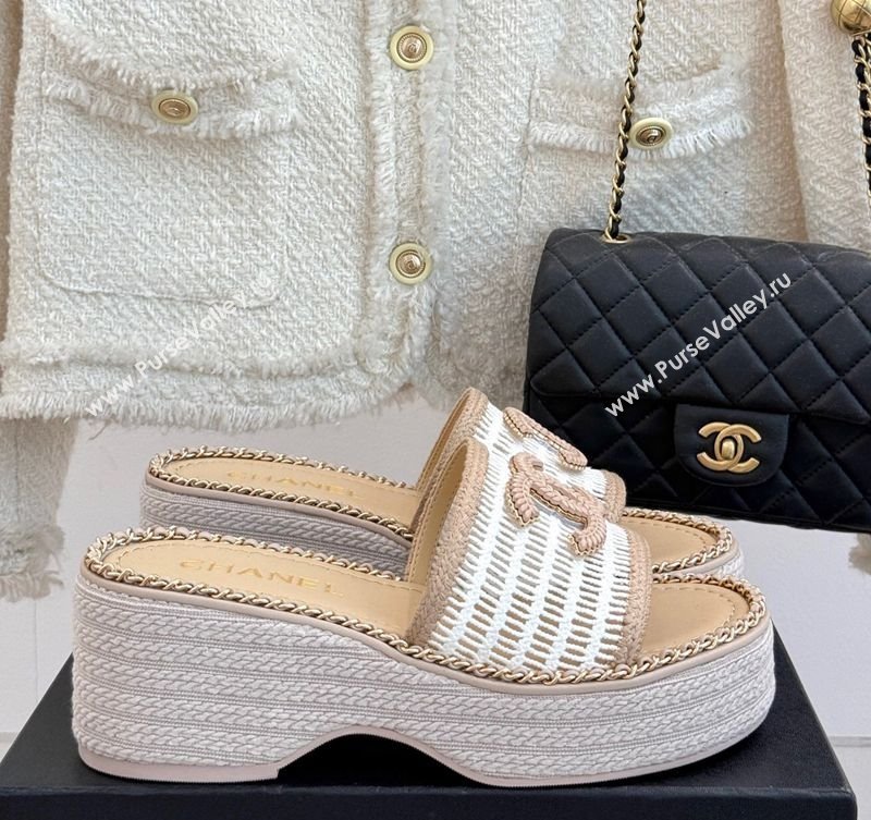 Chanel Crochet Wedge Slides Sandal with Chain Beige/White 2025 CH061004 (MD-250610015)