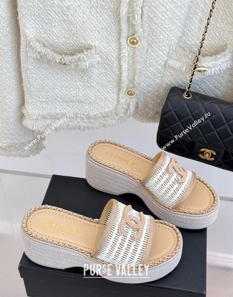 Chanel Crochet Wedge Slides Sandal with Chain Beige/White 2025 CH061004 (MD-250610015)