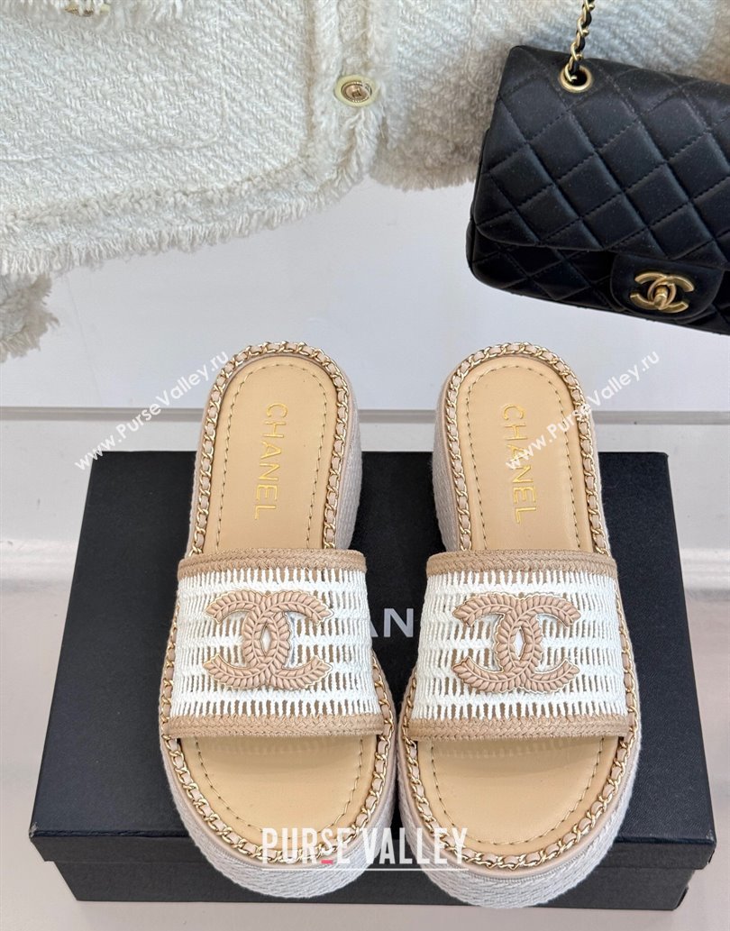 Chanel Crochet Wedge Slides Sandal with Chain Beige/White 2025 CH061004 (MD-250610015)