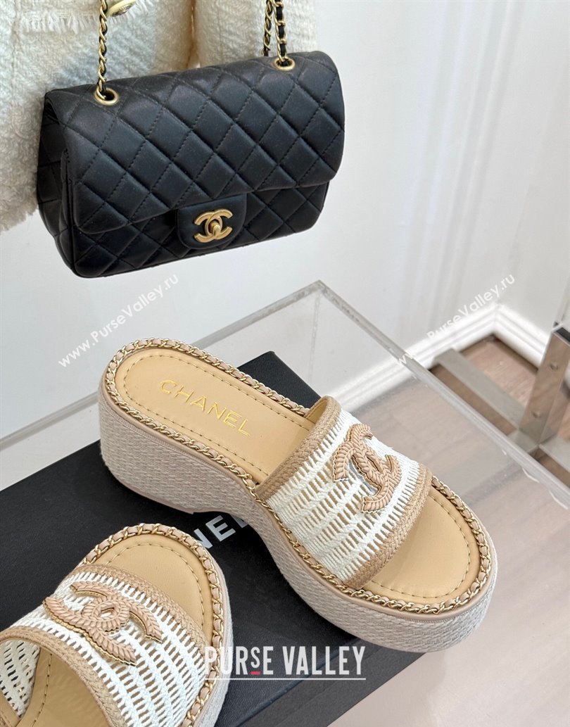 Chanel Crochet Wedge Slides Sandal with Chain Beige/White 2025 CH061004 (MD-250610015)