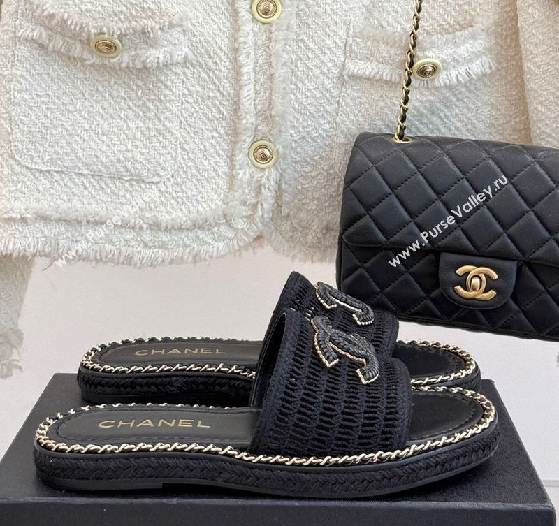 Chanel Crochet Flat Slides Sandal with Chain Black 2025 CH061004 (MD-250610016)