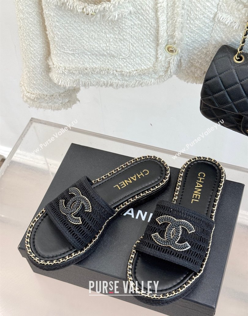 Chanel Crochet Flat Slides Sandal with Chain Black 2025 CH061004 (MD-250610016)