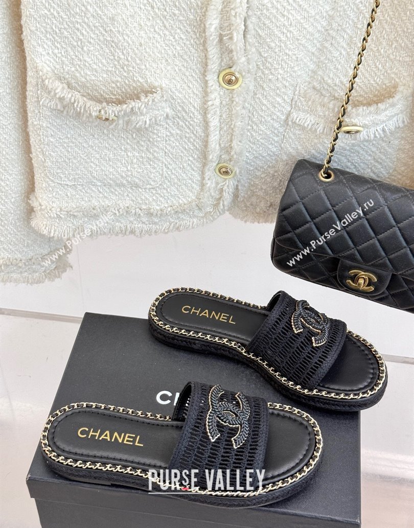 Chanel Crochet Flat Slides Sandal with Chain Black 2025 CH061004 (MD-250610016)