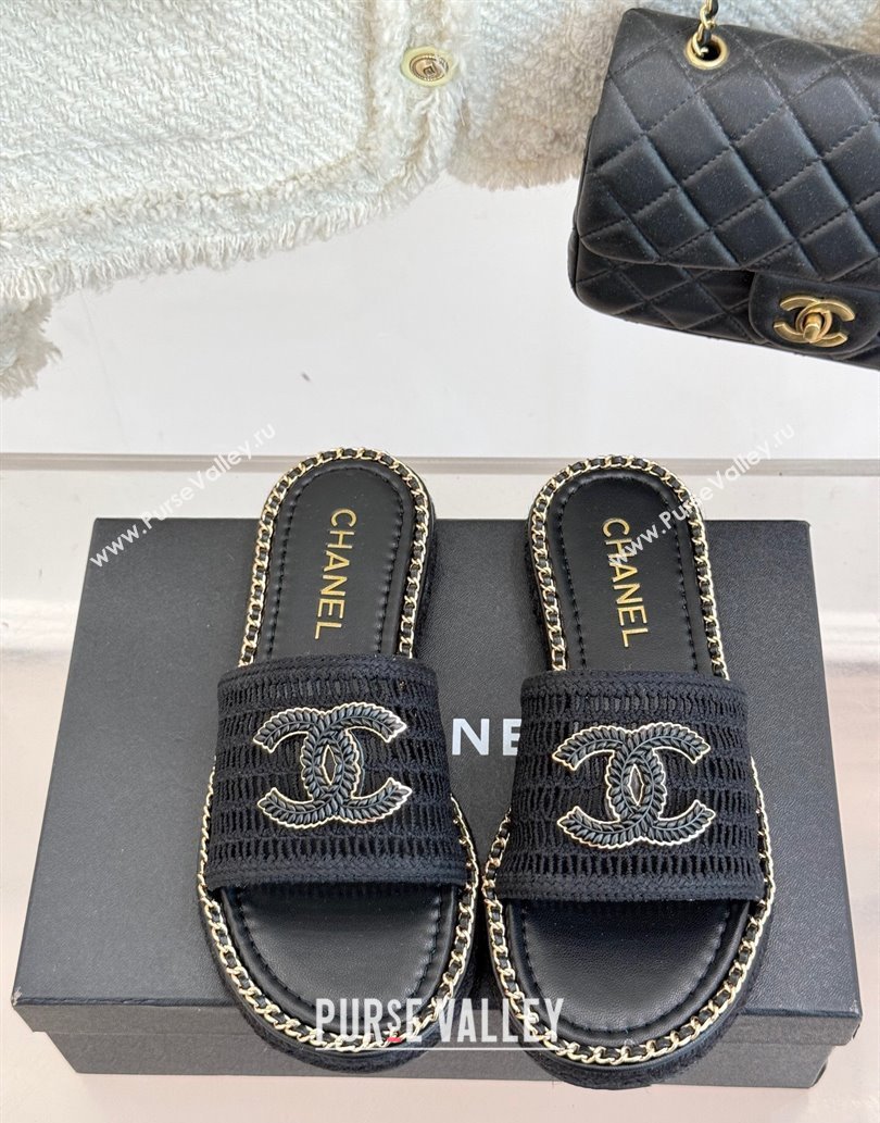 Chanel Crochet Flat Slides Sandal with Chain Black 2025 CH061004 (MD-250610016)