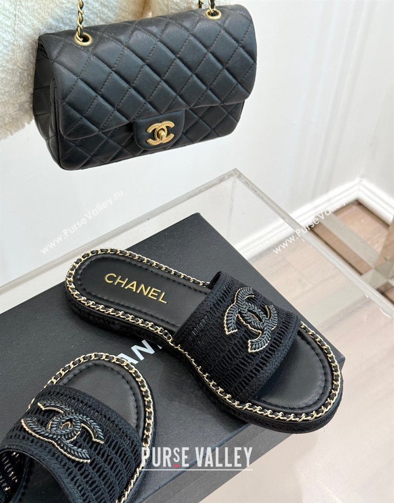 Chanel Crochet Flat Slides Sandal with Chain Black 2025 CH061004 (MD-250610016)