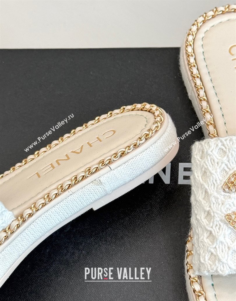 Chanel Knit Flat Slides Sandal with Chain White 2025 CH061001 (MD-250610004)