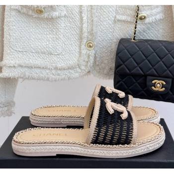 Chanel Crochet Flat Slides Sandal with Chain Beige/Black 2025 CH061004 (MD-250610017)