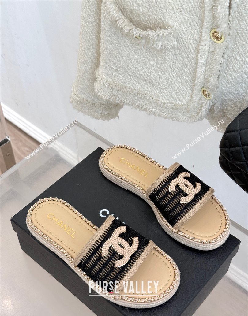 Chanel Crochet Flat Slides Sandal with Chain Beige/Black 2025 CH061004 (MD-250610017)