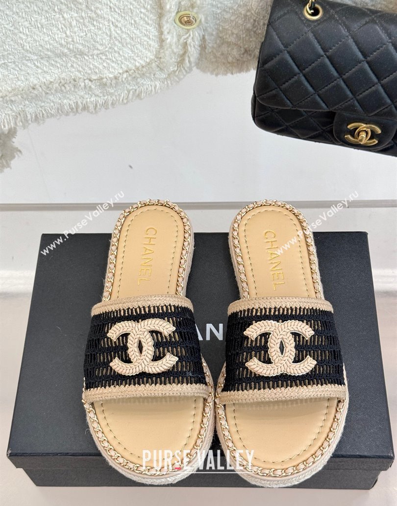 Chanel Crochet Flat Slides Sandal with Chain Beige/Black 2025 CH061004 (MD-250610017)