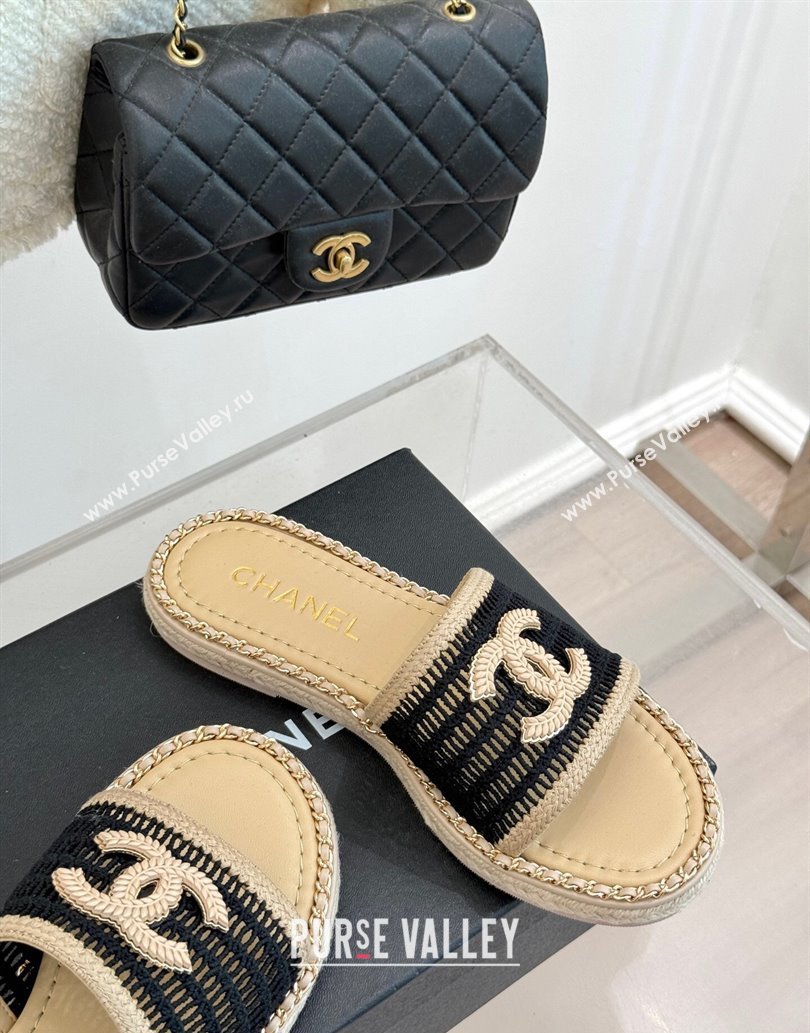 Chanel Crochet Flat Slides Sandal with Chain Beige/Black 2025 CH061004 (MD-250610017)